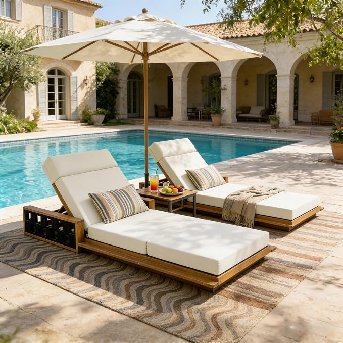 Merax Acacia Wood Patio Chaise Lounge Set of 2, Outdoor Reclining Chairs with 4-Position Adjustable Backrest, 2-Piece Sunbathing Recliner & 4" Thick Four-fold Cushion for Poolside, Garden, Beige