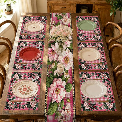 Nuxovilar Tablerunner and Placemats Set of 7 Pink Plaid with Floral Decor Linen Square Placemats for Dining Dining Sets and Accessories Brunch, Afternoon Tea, Ladies’ Gatherings