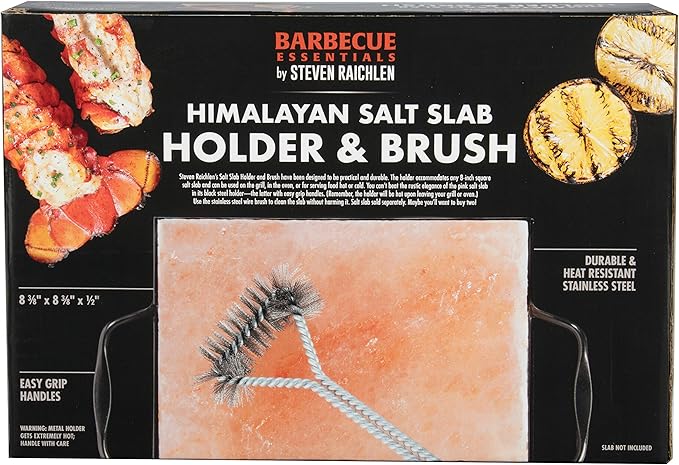Steven Raichlen's Himalayan Salt Block Holder for 8x8 Salt Slabs with Stainless Steel Grill Brush – Heavy-Duty BBQ Rack with Handles – Grilling & Cooking Accessories for Indoor & Outdoor Use