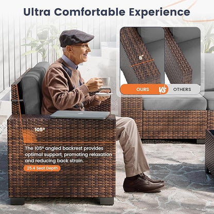 UDPATIO Patio Furniture Set, 8 Inch Armrest Outdoor Sectional Sofa with Wicker Coffee Table, 6 Piece Conversation for Garden, Backyard, Dark Grey