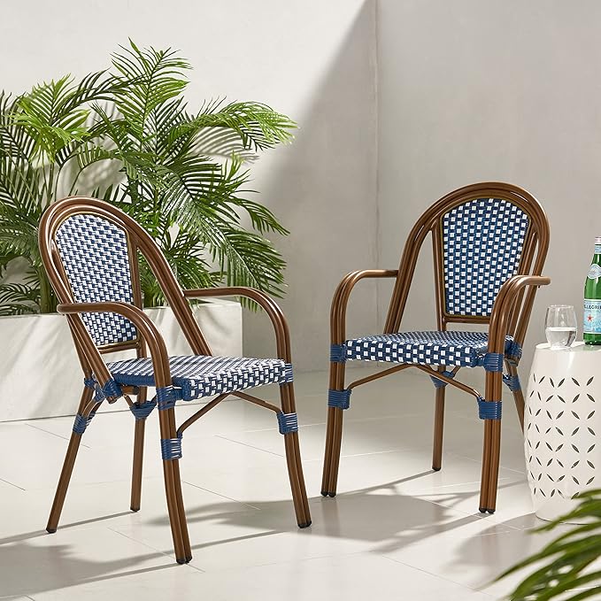 Christopher Knight Home Brianna Bistro Chairs, Navy Blue + White + Brown Wood