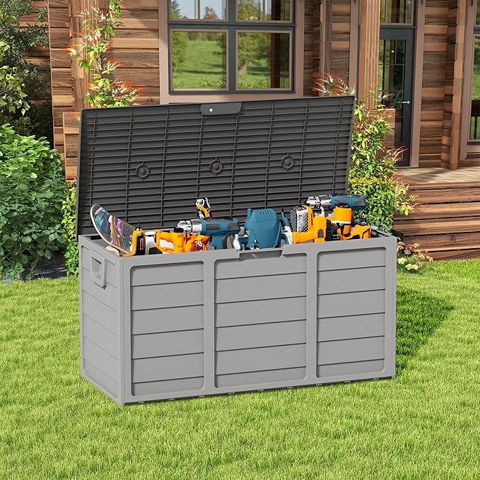 75 Gallon Outdoor Deck Storage Box, Heavy Duty Resin with Lockable Lid, UV Resistant for Patio Furniture, Garden Tools(Grey)