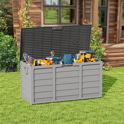 75 Gallon Outdoor Deck Storage Box, Heavy Duty Resin with Lockable Lid, UV Resistant for Patio Furniture, Garden Tools(Grey)