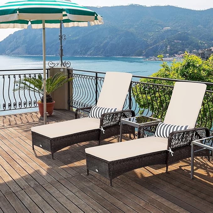 COSTWAY PE Rattan Chaise Lounge Chair, 6 Gear Adjustable Recliner with Armrest & Pillow, Wicker Outdoor Furniture for Deck, Patio (2, Brown)