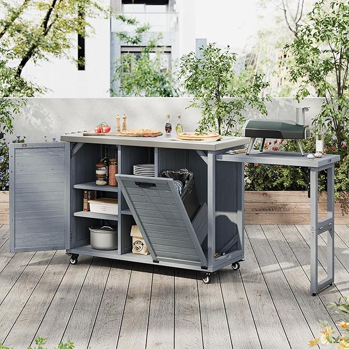 78.3" Outdoor Kitchen Island with Foldable Grill Table, Wooden Outdoor Grill Cart with Trash Can Storage & Stainless Steel Top, Outdoor Bar Cart, Pizza Oven Table for Lawn & Garden (Grey+Blue@76)