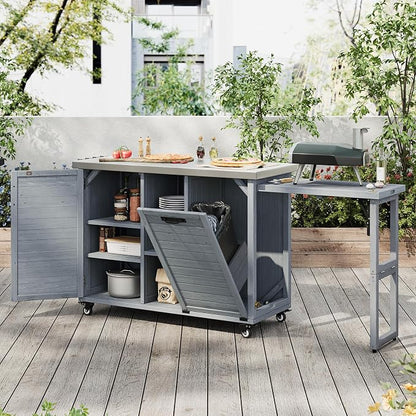 JIVOIT 78.3" Outdoor Kitchen Island with Foldable Table, Wooden Outdoor Grill Cart with Trash Can Storage & Stainless Steel Top, Adjustable Shelf, Spice Rack, Modular Towel, Paper Rack