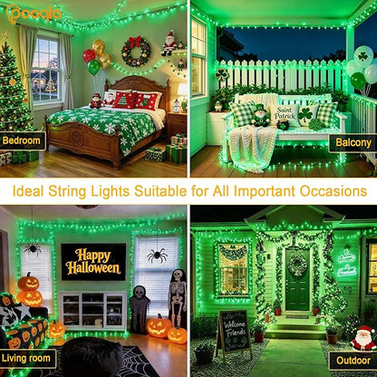 Pooqla Green String Lights, 200 LED 66 ft Indoor Outdoor String Lights St. Patrick's Day Decorations, 8 Modes Twinkle Fairy Light Plug in for Yard Patio Wedding Party Decoration, Green Wire