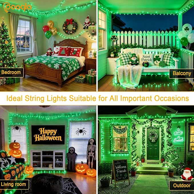 Pooqla 4 Pack String Lights Battery Operated, Total 66.6ft 200 LED Fairy Lights Indoor Outdoor Decorations, 8 Modes Green Battery Christmas Lights for ST Patrick's Day Halloween Porch Party Yard Decor