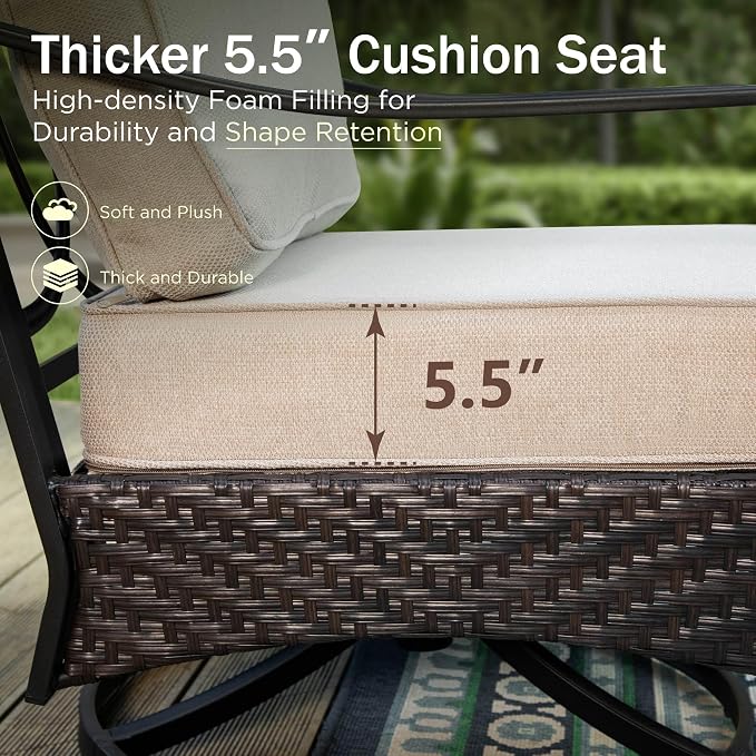 PHI VILLA Wicker & Metal Outdoor Patio Couch,3-Seat Patio Sofa with Deep Seating for Front Porch, Deck, Balcony, Backyard, Sunroom，Beige