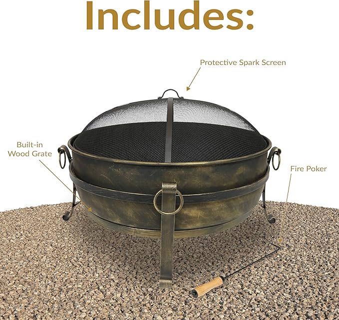 Sunnydaze 34-Inch Steel Large Fire Pit for Outside - Wood-Burning Fire Pit Bowl for Outdoors with Spark Screen, Log Poker, and Grate