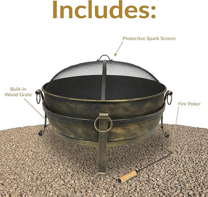Sunnydaze 34-Inch Steel Large Fire Pit for Outside - Wood-Burning Fire Pit Bowl for Outdoors with Spark Screen, Log Poker, and Grate