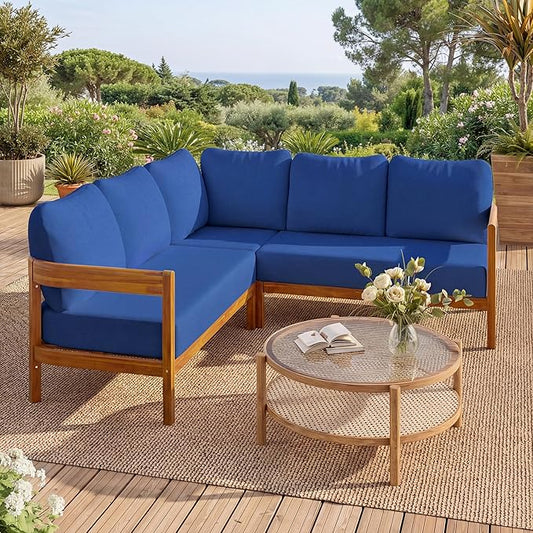 VilroCaz Outdoor Patio Furniture Set, L-Shaped Acacia Wood Sectional Sofa with 6 Soft Seat Cushions and Backpack, All-Weather Conversation Set with Arc Frame for Garden Backyard Porch (Blue-3.19)