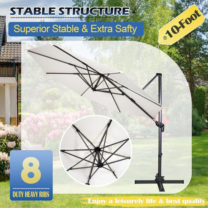 Sunnyglade 10Ft Cantilever Patio Umbrella, 360° Rotation & Integrated Tilting System Offset Umbrella with 8 Sturdy Ribs, Fade-resistant & Waterproof for Garden Backyard Poolside Deck