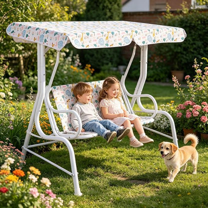 HONEY JOY Kids Patio Swing, 2-Seater Outdoor Porch Swing Lounge Chair, Adjustable Canopy & Safety Belt, All Weather Resistant Waterproof Hanging Swing Bench for Garden Poolside Balcony(White Elephant)