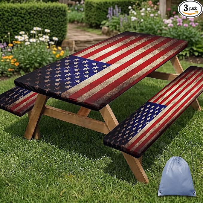 Picnic Table Cover with Bench Covers Elastic Edges, American Flag Fitted Table Cover, Outdoor Patio Camping Essentials 72 Inch 3PCS, Waterproof Camping Fitted Tablecloth with Drawstring Bag