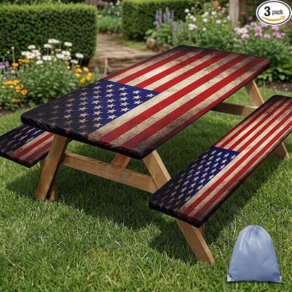 Picnic Table Cover with Bench Covers Elastic Edges, American Flag Fitted Table Cover, Outdoor Patio Camping Essentials 72 Inch 3PCS, Waterproof Camping Fitted Tablecloth with Drawstring Bag