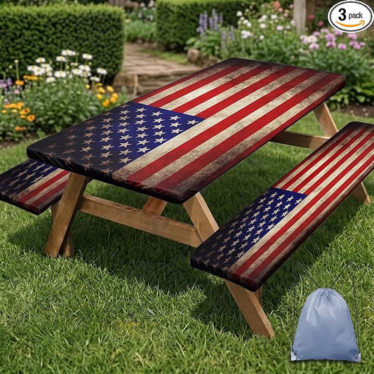 Picnic Table Cover with Bench Covers Elastic Edges, American Flag Fitted Table Cover, Outdoor Patio Camping Essentials 72 Inch 3PCS, Waterproof Camping Fitted Tablecloth with Drawstring Bag
