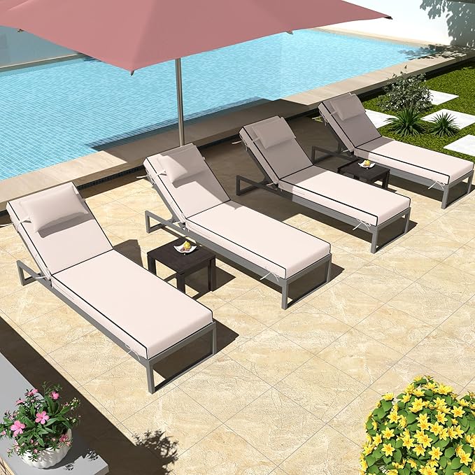 Chaise Lounge Cushions Outdoor Set of 2 Lounge Chair Cushion 80" L x 26" W with Headrest Straps 3'' Thick Waterproof Patio Chaise Cushions Pool Lounger Chair Cushion(Grey White)