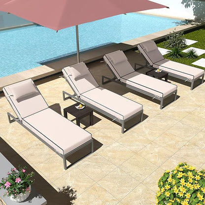 Chaise Lounge Cushions Outdoor Set of 2 Lounge Chair Cushion 80" L x 26" W with Headrest Straps 3'' Thick Waterproof Patio Chaise Cushions Pool Lounger Chair Cushion(Grey White)