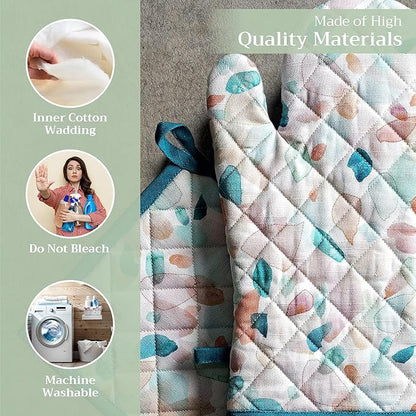 Maison d' Hermine 100% Cotton Oven Mitt & Pot Holder Set (7.5"x13" & 8"x8") Heat Resistant BBQ Cooking Gloves with Loop Baking Grilling Kitchen Hotel Home Farmhouse Spring Summer (Summer Picnic)