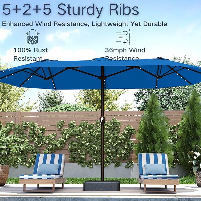 Kingdura 15ft Large Patio Umbrella with Solar Lights, Double-Sided Rectangle Outdoor Table Umbrella with Base Included, 12 Reinforced Ribs, 48 Led Lights, Crank Lift for Market Pool Deck, Royal blue