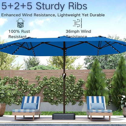 Kingdura 15ft Large Patio Umbrella with Solar Lights, Double-Sided Rectangle Outdoor Table Umbrella with Base Included, 12 Reinforced Ribs, 48 Led Lights, Crank Lift for Market Pool Deck, Royal blue