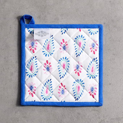 Maison d' Hermine Pot Holders 100% Cotton Potholders (8" x 8", Pack of 1) | Heat Resistant Hot Pads with Loop BBQ Cooking Baking Farmhouse Kitchen Handling Hot Pans Spring Summer - Indian Floral