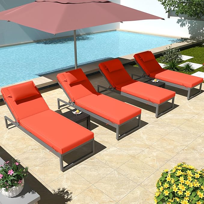 Chaise Lounge Cushions Outdoor Set of 2 Lounge Chair Cushion 72" L x 21" W with Headrest Straps 3'' Thick Waterproof Patio Chaise Cushions Pool Lounger Chair Cushion(Orange)