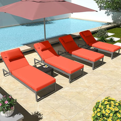 Chaise Lounge Cushions Outdoor Set of 2 Lounge Chair Cushion 72" L x 21" W with Headrest Straps 3'' Thick Waterproof Patio Chaise Cushions Pool Lounger Chair Cushion(Orange)