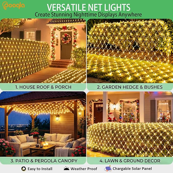 Pooqla Solar Net Lights, 21x5ft 360LED Christmas Net Lights Outdoor with 8 Modes, Solar & USB Powered Waterproof Green Wire Net Mesh String Lights for Bush Backyard Patio Decor, Warm White