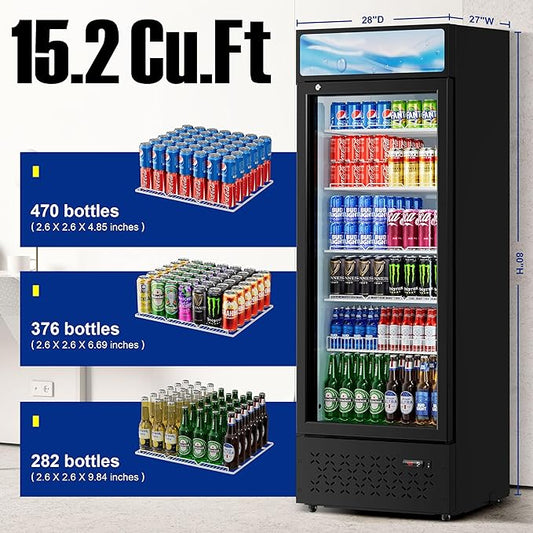 Beverage Cooler Commercial Refrigerator 15.2 Cu.Ft. Glass Door Display Refrigerator with LED Light, 5 Shelves, Display Commercial Beverage Refrigeratorfor Restaurant Cafe Bar Store (15.2 Cu.Ft.)