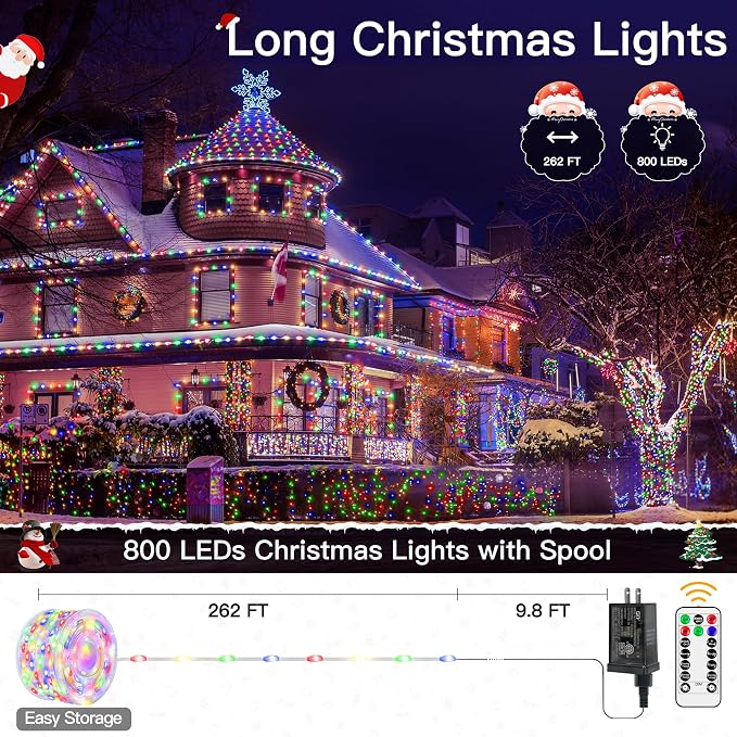Christmas Lights Outdoor, 800LED 262FT Christmas Tree Lights IP67 Waterproof, Plug in Fairy Lights with Remote 8 Modes Timer, Xmas Light for Outside Indoor House Holiday Decor(Multicolor)