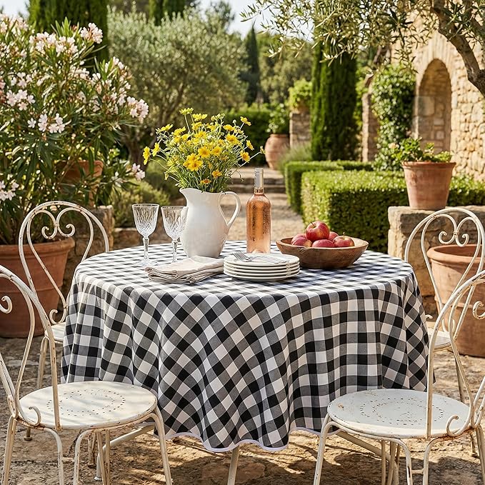 Waterproof Gingham Tablecloth, Checkered Fabric Table Cover for Kitchen Dining, Black & White Plaid Table Cloth, Rectangle Table Cloth for Indoor Outdoor Use, 60" Round