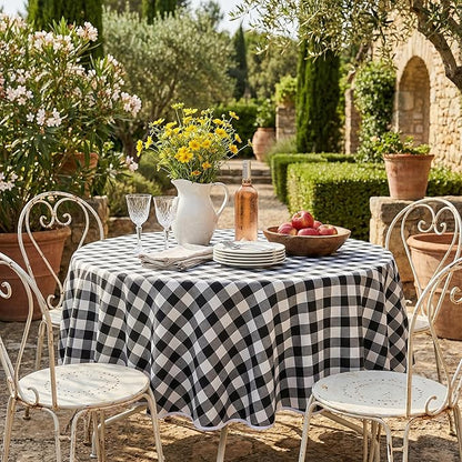 Waterproof Gingham Tablecloth, Checkered Fabric Table Cover for Kitchen Dining, Black & White Plaid Table Cloth, Rectangle Table Cloth for Indoor Outdoor Use, 60" Round
