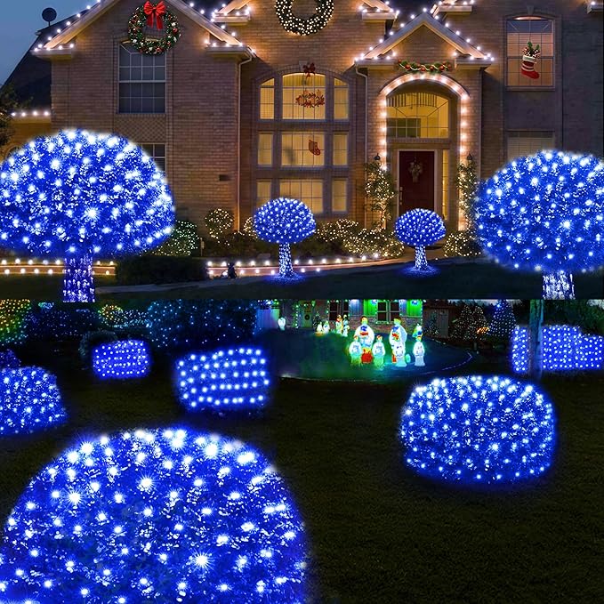 WBao Christmas Net Lights, 360LED 11.5ft x 6.9ft Christmas Lights with 8 Modes, Timer, End to End Connectable, Waterproof Design for Lawn, Bushes, Trees Outdoor Xmas Decorations, Blue