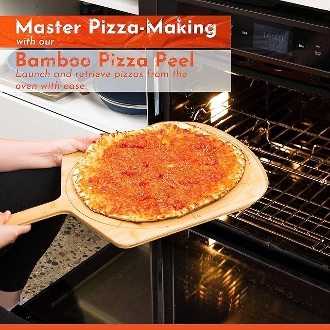 Wooden Pizza Peel 14 Inch Board with Engraved Sizes - Multi-Purpose Bamboo Pizza Cutting Board, Wood Pizza Peel, Pizza Spatula Paddle, and Serving Board with Size and Cutting Guide