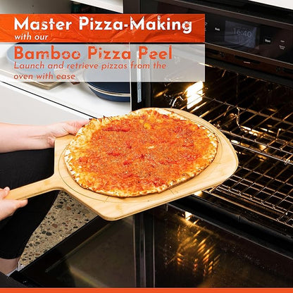 Wooden Pizza Peel 14 Inch Board with Engraved Sizes - Multi-Purpose Bamboo Pizza Cutting Board, Wood Pizza Peel, Pizza Spatula Paddle, and Serving Board with Size and Cutting Guide