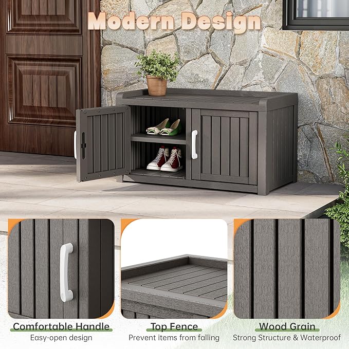 Bifanuo Shoe Storage Cabinet, 2-Door Outdoor Storage Bench with Adjustable Shelves, Waterproof UV-Resistant for Hallway, Living Room, Entryway, Large Capacity Modern Organizer (Grey)