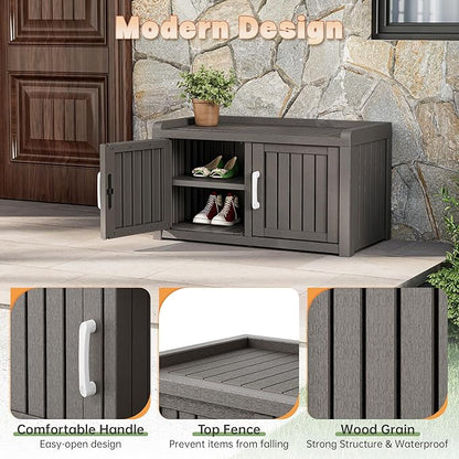 Bifanuo Shoe Storage Cabinet, 2-Door Outdoor Storage Bench with Adjustable Shelves, Waterproof UV-Resistant for Hallway, Living Room, Entryway, Large Capacity Modern Organizer (Grey)