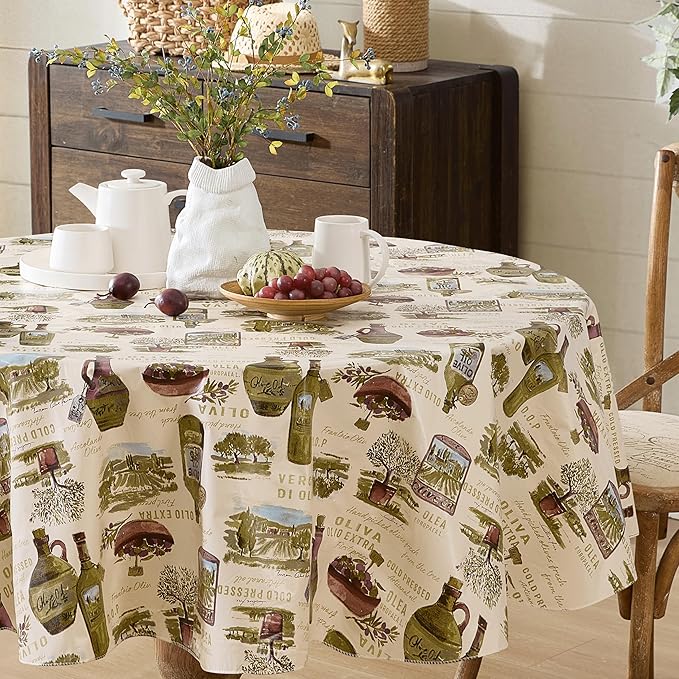 Newbridge 70 Inch Round Vinyl Tablecloth with Flannel Backing, Lucca Olive Oil Print, Indoor Outdoor Waterproof Table Cover, Picnic, Barbeque, Patio and Kitchen Dining, Tuscan Countryside