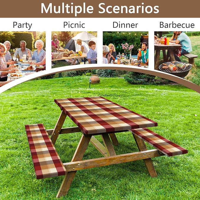 Checkered Style Picnic Table Cover with Bench Covers, Camping Essentials, Plaid Waterproof Windproof, Fitted Tablecloth Cover with Elastic Edge, for Indoor, Outdoor, 3 PCS, 30x60 Inch