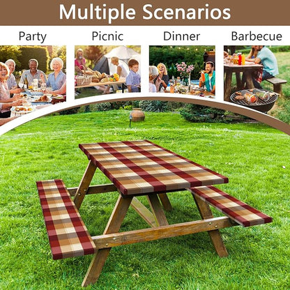 Checkered Style Picnic Table Cover with Bench Covers, Camping Essentials, Plaid Waterproof Windproof, Fitted Tablecloth Cover with Elastic Edge, for Indoor, Outdoor, 3 PCS, 30x96 Inch