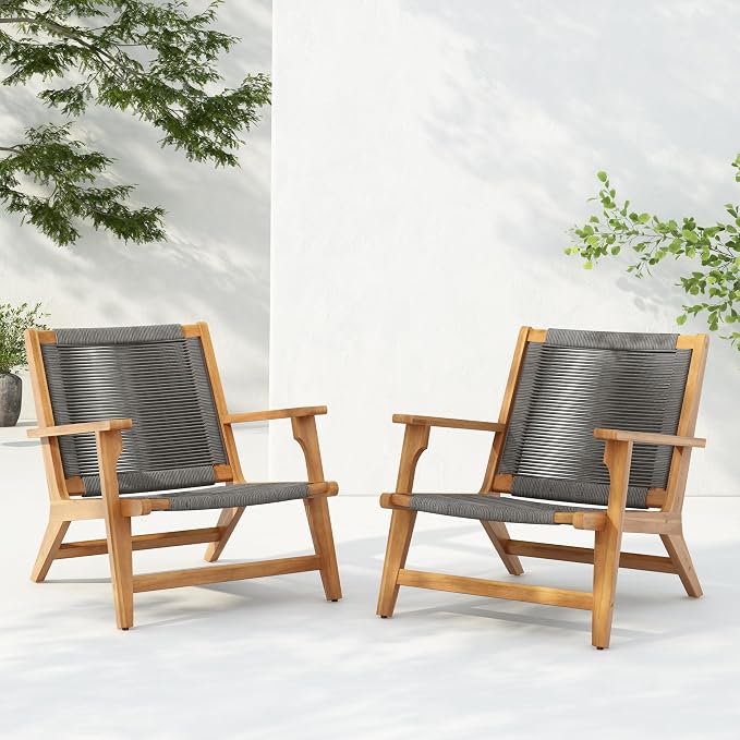 Christopher Knight Home Veera Patio Lounge Chair Set of 2, Acacia Wood Frame, Handwoven Rope, Mid-Century Modern, Dark Grey & Teak