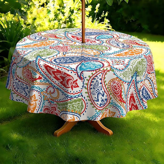 Outdoor Tablecloth with Umbrella Hole Elegant Zipper Patio Table Cloth for Outdoor Patio Garden Yard Decor