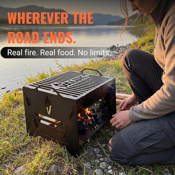 Portable Charcoal Grill – Small Camping Grill, Foldable Carbon Steel Collapsible Tabletop for Outdoor Cooking, Side Coal Slot, Carry Bag & Tong, Compact Fire Pit, BBQ Ready, Picnic & Motorhome