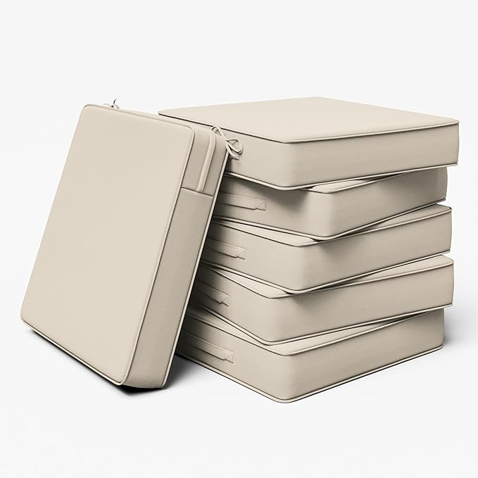 Outdoor Chair Cushion 24 x 24 x 5 Inches Patio Furniture Outdoor Waterproof Seat Cushion, Patio Chair Cushion with Handles and Ties, Square Dining Chair Cushion Set of 6, Cream