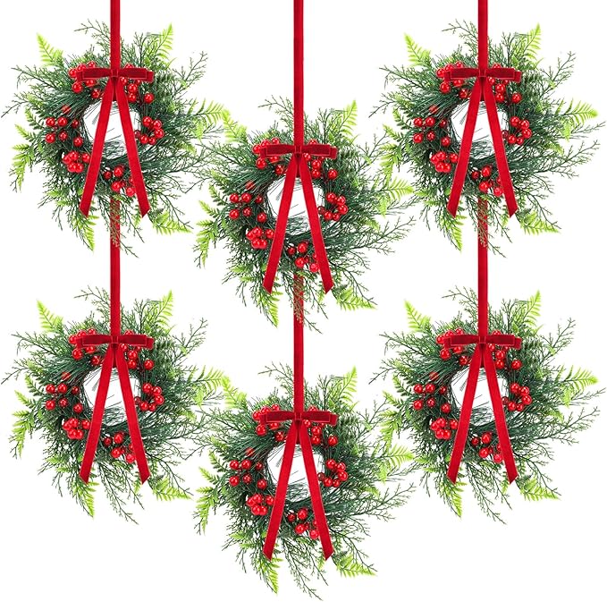 Suncalla 6 Pcs 11 Inch Mini Christmas Cabinet Wreath for Kitchen Christmas Berry Hanging Cabinet Wreath Decor with Red Bow Artificial Pine Candle Ring for Xmas Door Fireplaces Table Centerpiece