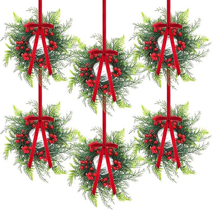 Suncalla 6 Pcs 11 Inch Mini Christmas Cabinet Wreath for Kitchen Christmas Berry Hanging Cabinet Wreath Decor with Red Bow Artificial Pine Candle Ring for Xmas Door Fireplaces Table Centerpiece