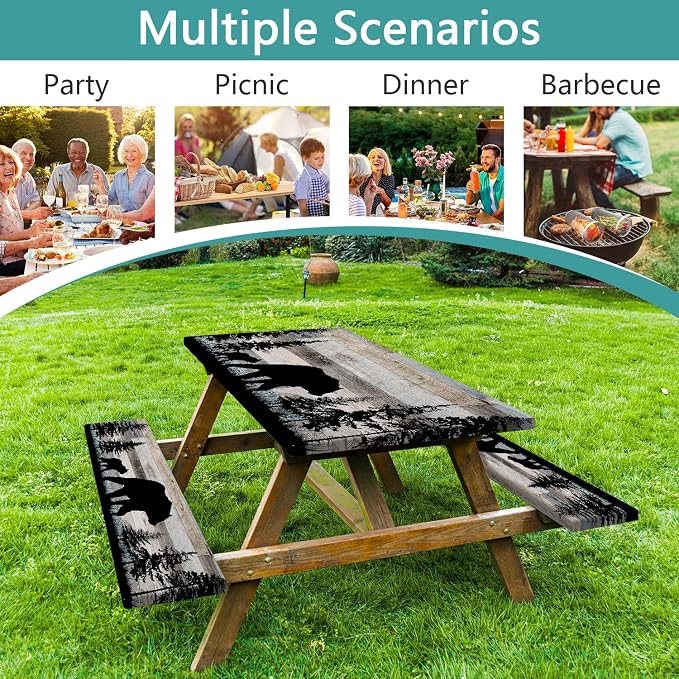 Picnic Table Cover with Bench Covers, Camping Essentials, Forest Bear Waterproof Windproof Patio Table Cover, Fitted Tablecloth Cover with Elastic Edge, for Indoor & Outdoor 3 PCS 30x72 Inch