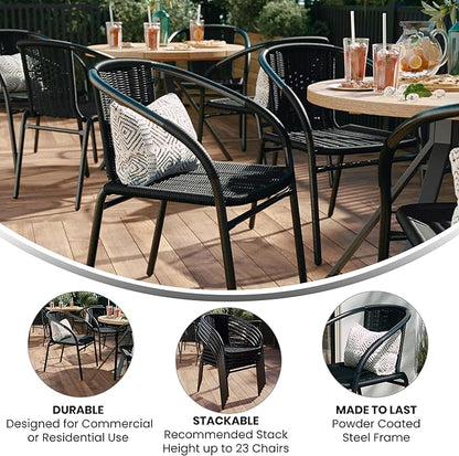 Flash Furniture Modern Rattan Indoor/Outdoor Restaurant Dining Chairs, Stackable Rattan Bistro Chairs for Patio or Restaurant, Set of 2, Black